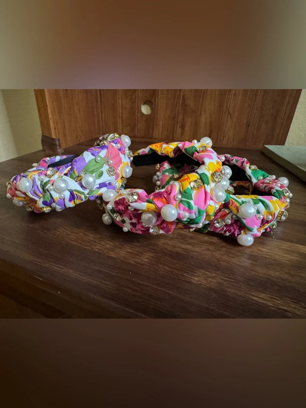 3 Floral Pearl & Rhinestone Knotted Headband - Pink Multi